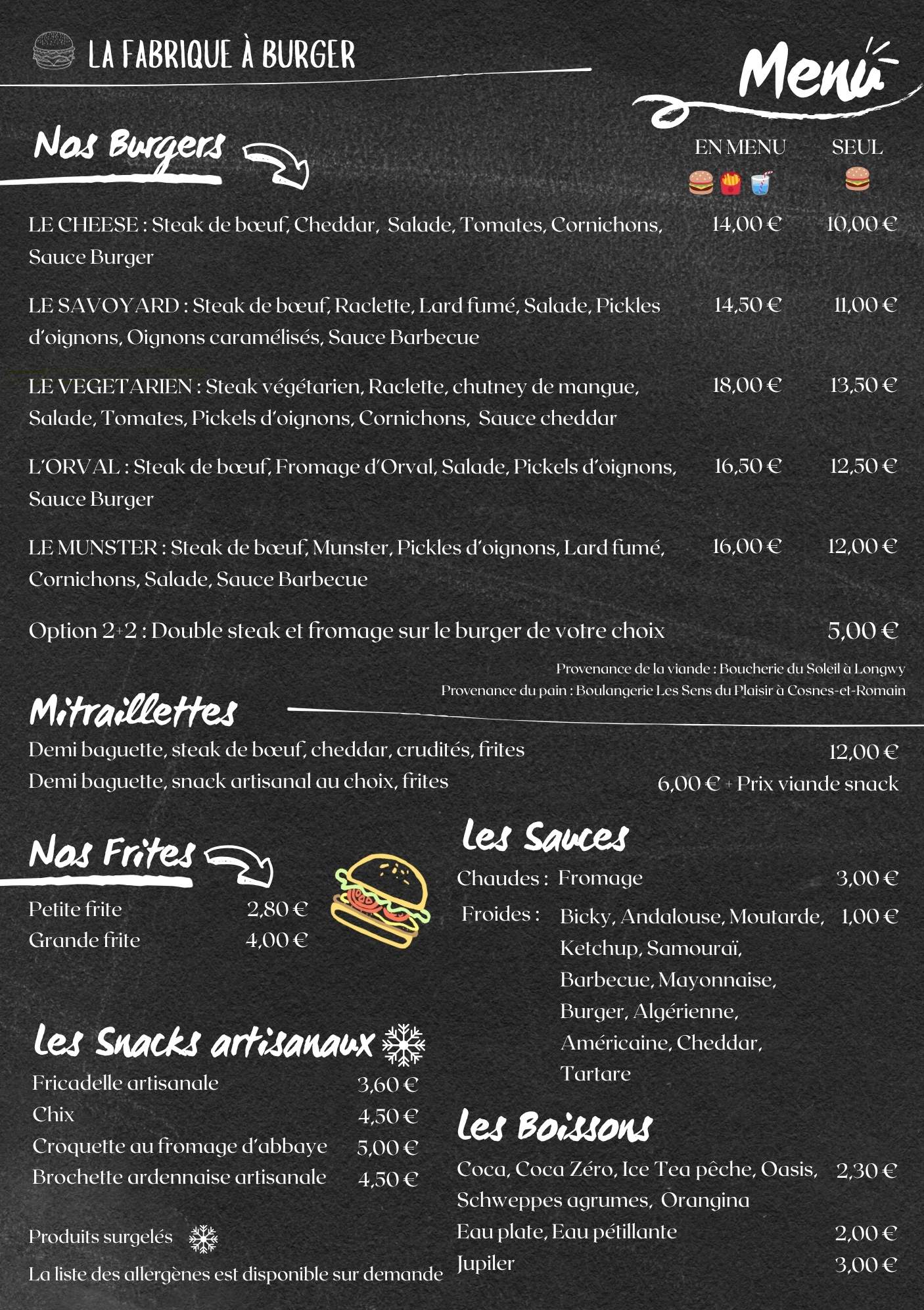 Menu La Fabrique à Burger